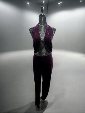 SHEIN Velvet Halter Cutout Jumpsuit in Plum